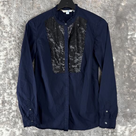 Boden Tops - Boden Size 2 Sequin Casual Button Top Navy Long Sleeve Cotton Shirt